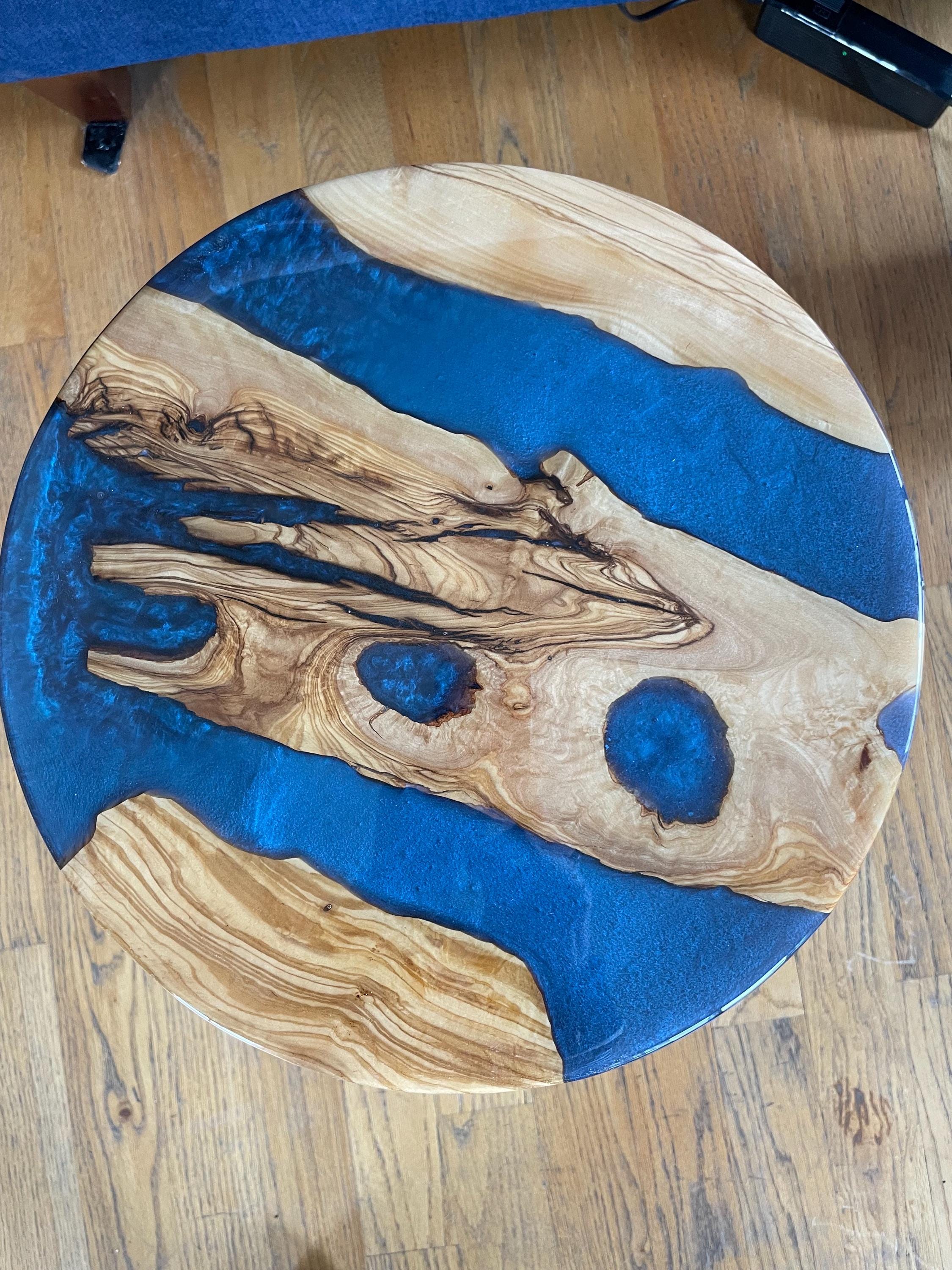 Handmade Olive Wood Side Table, Deep Blue Resin, Black Iron Legs