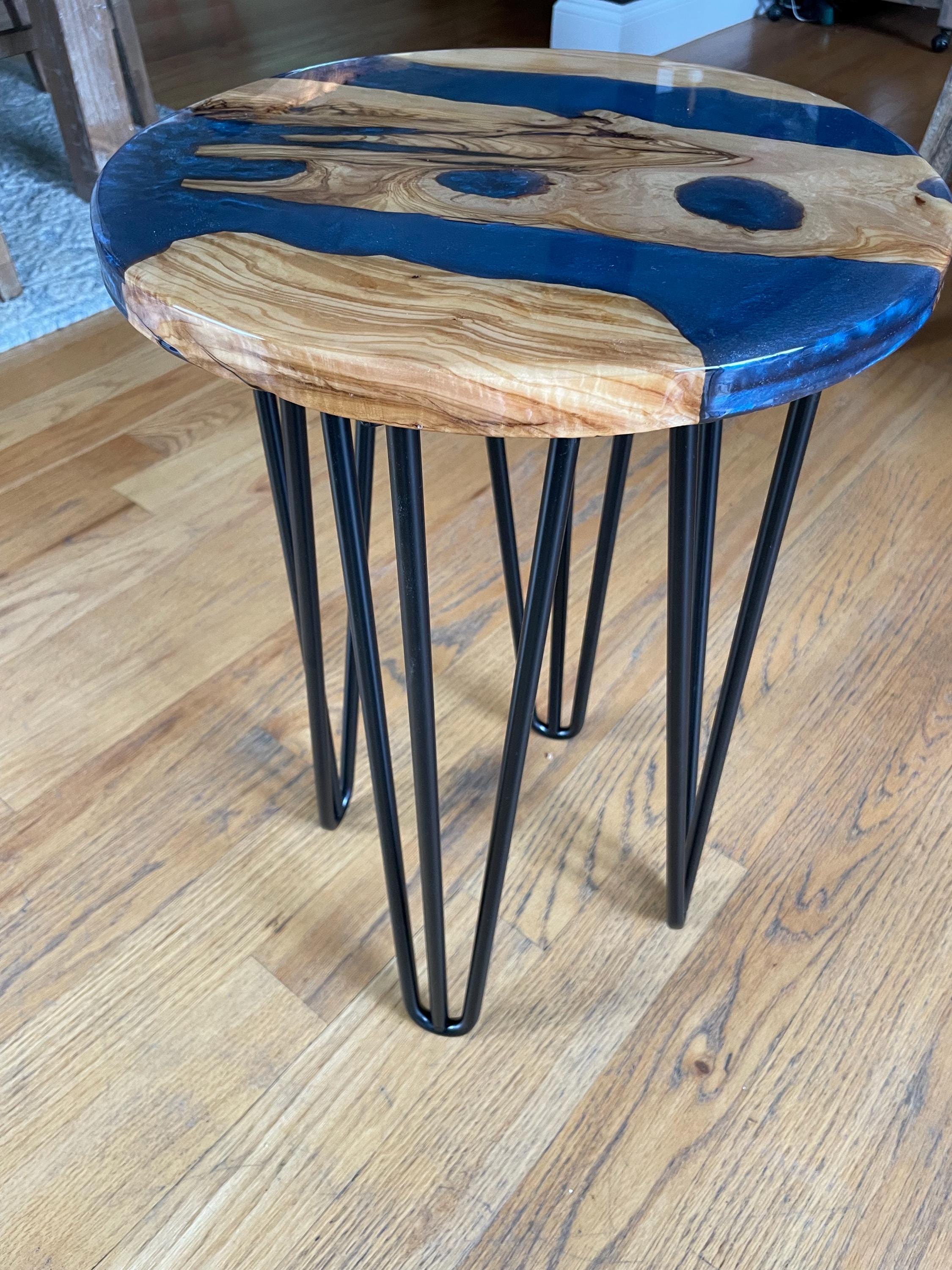 Handmade Olive Wood Side Table, Deep Blue Resin, Black Iron Legs