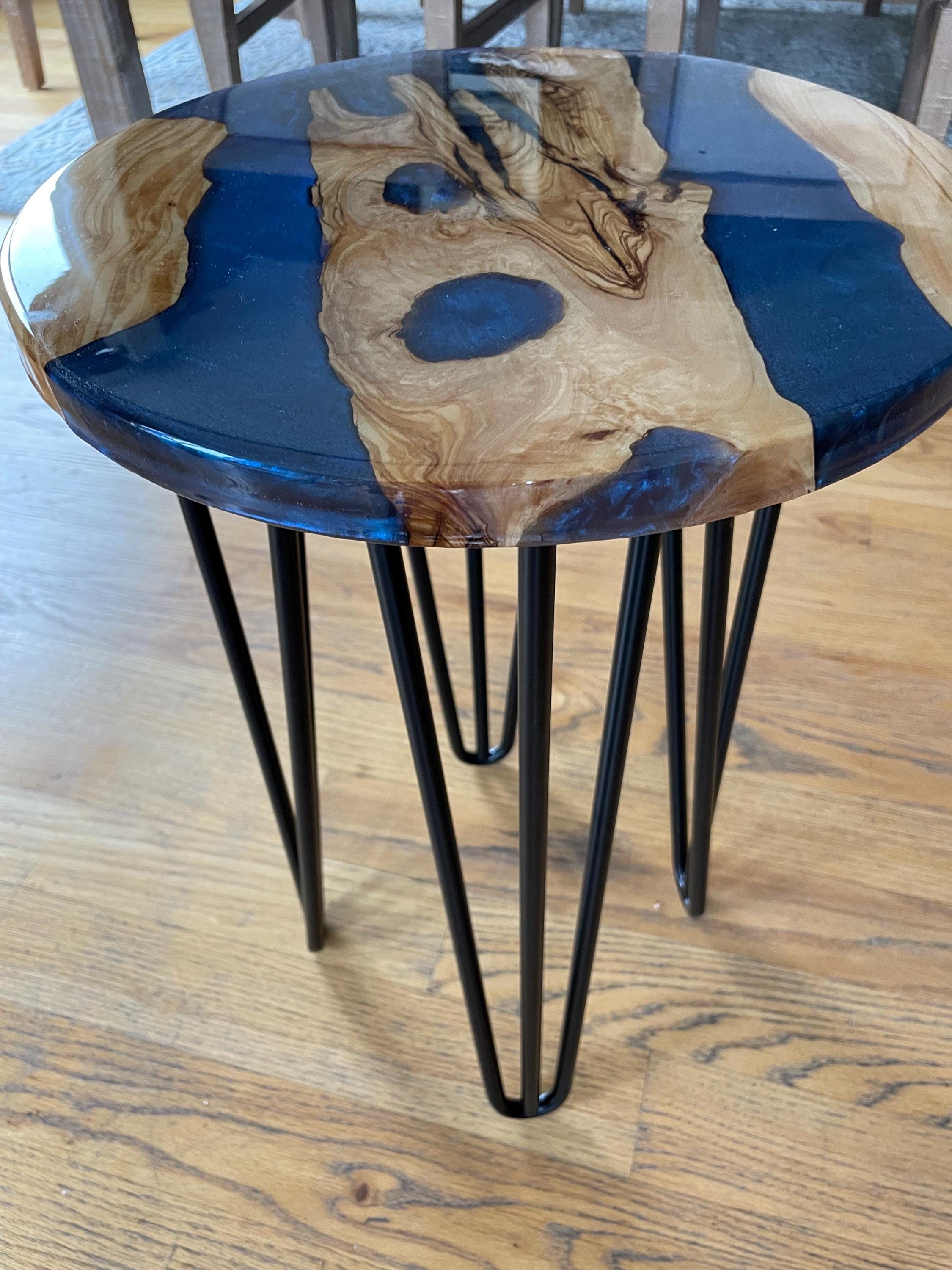 Handmade Olive Wood Side Table, Deep Blue Resin, Black Iron Legs