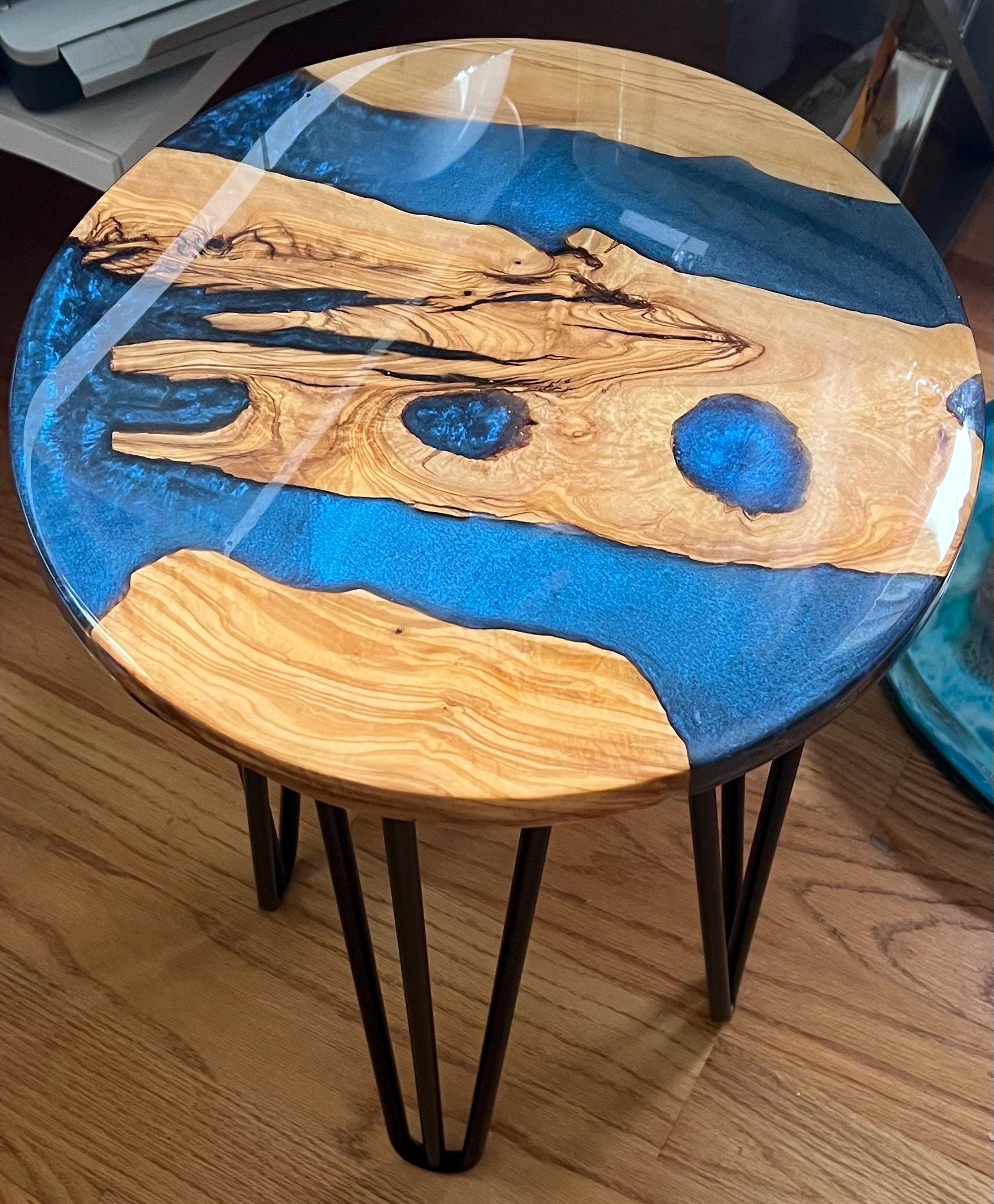 Handmade Olive Wood Side Table, Deep Blue Resin, Black Iron Legs
