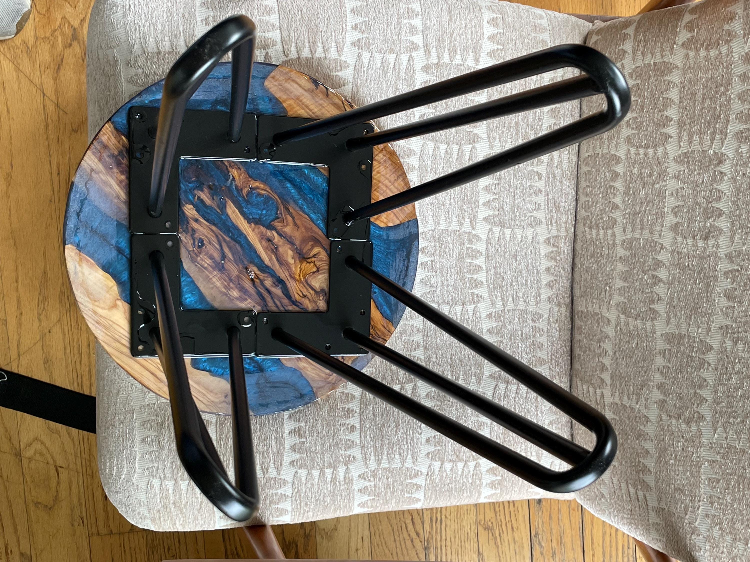 Handmade Olive Wood Side Table, Deep Blue Resin, Black Iron Legs